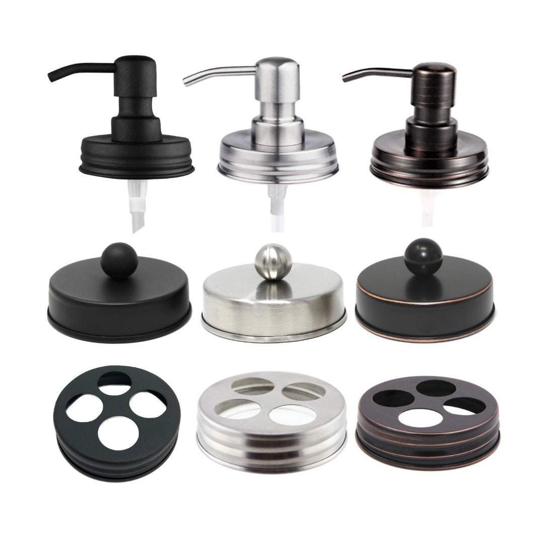 Mason Jar Bathroom Accessory Lids / Mason Jar Soap Dispenser Lid, Toothbrush Holder Lid, and Apothecary Lid / Farmhouse Bathroom Decor