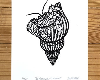 Granchio eremita linocut, stampa d'arte originale, stampa fatta a mano, edizione limitata, illustrazione a inchiostro,