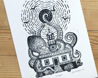 Linograbado faro y pulpo, grabado original hecho a mano, edición limitada, ilustración a base de tinta, inspirado en el Faro de Corrubedo