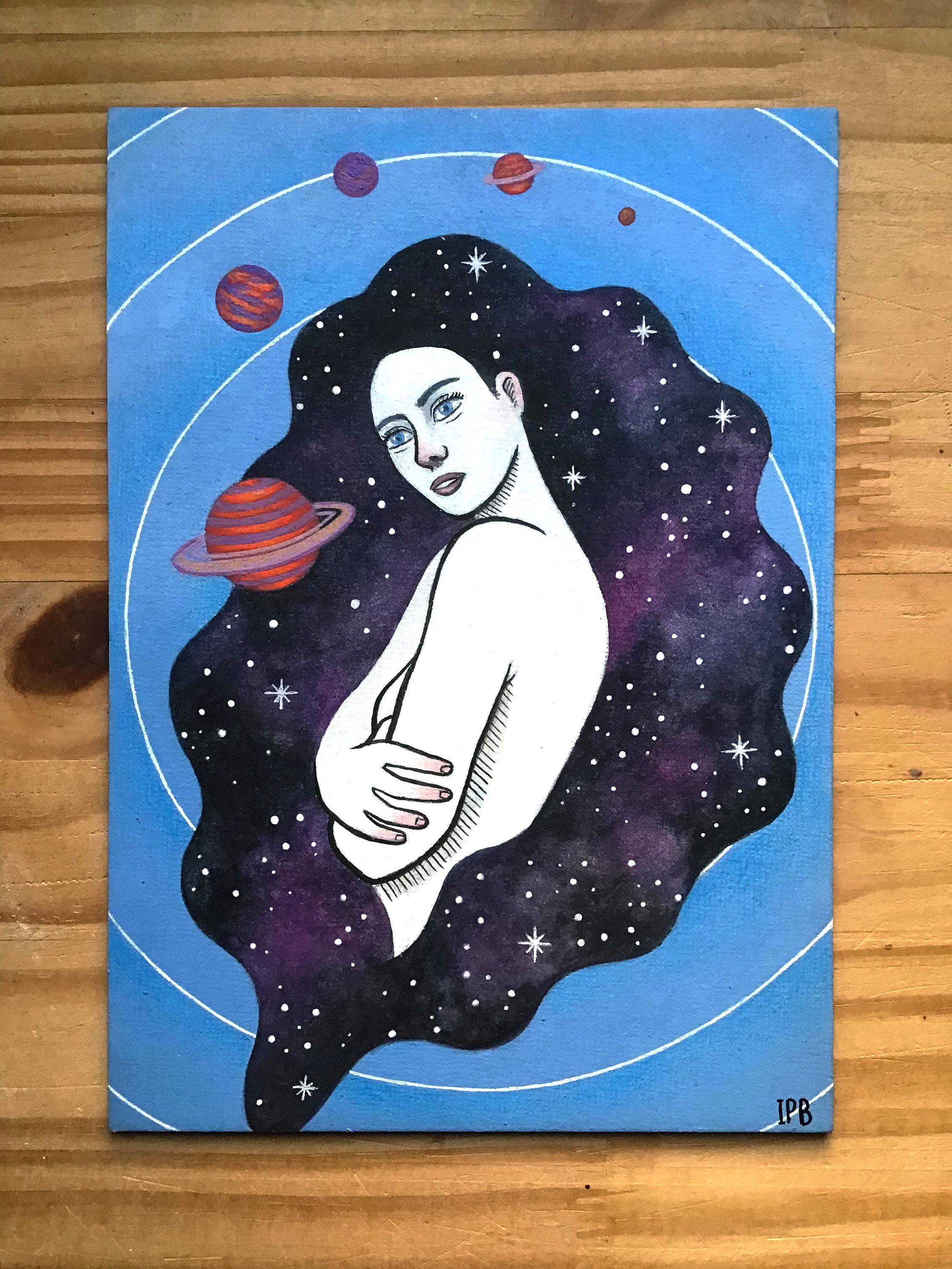 La Fille Cosmique, Peinture Petit Format, Aquarelle Femme, Faite à La Main, Illustration Originale, 