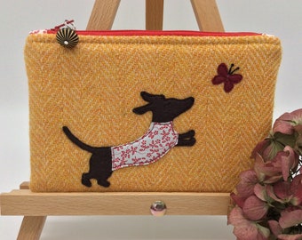 Yellow Harris dachshund purse, Doxie,butterfly zippered pouch, makeup cosmetics bag, mobile storage,applique, embroidery,handmade,made in UK
