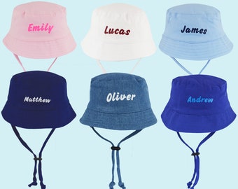 Nombre personalizado Baby Bucket Sun Hat Sombreros de bebé personalizados con correa para niño o niña, 0-3, 3-6, 6-12, 12-18 meses