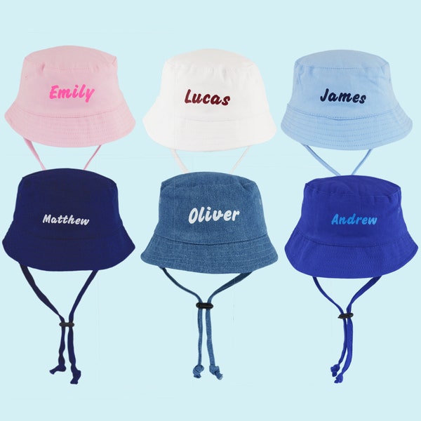 Personalised Name Baby Bucket Hat Custom Baby Sun Hats with Strap for Boy or Girl, 0-3, 3-6, 6-12, 12-18 Months