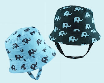 Baby Bucket Sun Hat with Elephants - Cotton Baby Summer Hats with Chin Strap for Boy or Girl - Newborn, 0-3, 3-6, 6-12, 12-18 Months