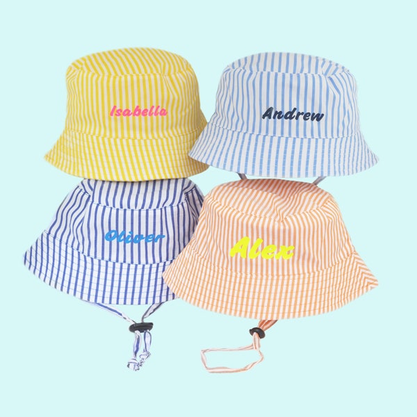 Baby Sun Hat Personalised Name for Boy or Girl -  Candy Striped Cotton Custom Baby Bucket Hats with Chin Strap - Yellow, Blue, Orange, Navy