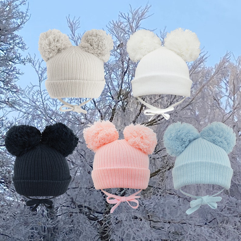Winter Baby Hat Double Pom Knitted Beanie Bobble Hats Soft Fleece Lined