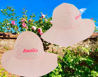 Personalised Name Baby Girl Sun Hat - Wide Brim Summer Cotton Custom Baby Beach Hat Infants 0-3 and 3-6 Months - Pink