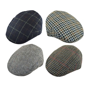 flat caps for children, boy or girl in blue and grey tweed, tartan or herringbone