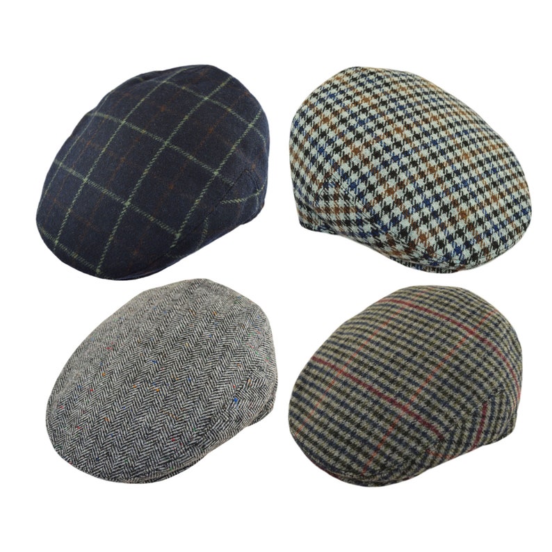 flat caps for children, boy or girl in blue and grey tweed, tartan or herringbone