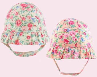 Vintage Floral Baby Girls Summer Sun Hat with Chin Strap - Frilly Brim Cotton Baby Beach Hats - Pretty Pink or Cream - Newborn, 0-3 Months