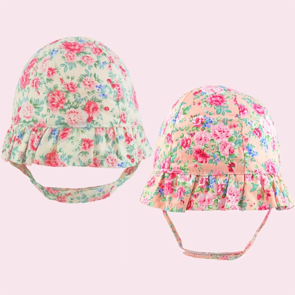 Baby Mädchen Eimer Sonnenhut mit Kinnriemen Rüschen Krempe Baumwolle Sommer Blumen Rosa oder Creme Säugling Neugeborene, 0-3 Monate