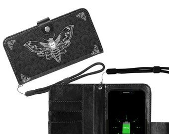 Gothic Purse for Cell Phone, Goth Phone Case Wallet, Goth Phone Wristlet, Witchy Moth Phone Case, Vegan Leather Case for iPhone or Samsung