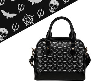 Black Gothic Top Handle Shoulder Bag, Gothic Purse, Satanic Bag, Moth Bag, Pentagram Bag, Skull Bag, Studded Handbag, Halloween Handbag