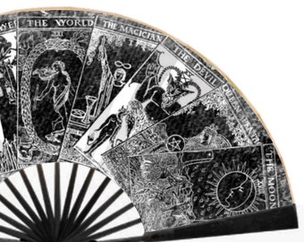 Tarot-Karten-Fan, schwarzer Seiden-Hand-Fan, Gothic-Fan, viktorianischer Klapp-Fan, chinesischer Fan, japanischer Fan, Cosplay-Fan, Festival-Fan, klackernder Fan