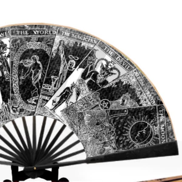 Tarot Card Fan, Black Silk Hand Fan, Gothic Fan, Victorian Folding Fan, Chinese Fan, Japanese Fan, Cosplay Fan, Festival Fan, Clacking Fan
