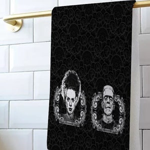 Gothic Home Decor - Halloween Decor - Frankenstein and Bride - Gothic Bathroom Decor - Horror Movie Decor - Spooky Decor - Damask Hand Towel