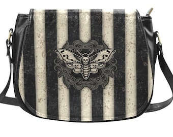 Black Goth Crossbody Shoulder Bag, Gothic Striped Bag, Deaths Head Hawk Moth Bag, Victorian Shoulder Bag, Distressed Striped Bag, Witchy Bag