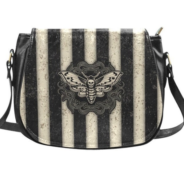 Sac à bandoulière Goth Crossbody noir, sac à rayures gothiques, sac à mites Deaths Head Hawk Moth, sac à bandoulière victorien, sac rayé en détresse, sac de sorcière