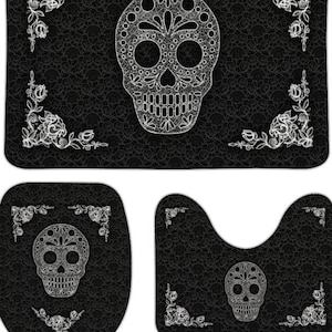 Halloween Decor- Sugar Skull- Gothic Decor- Sugar Skull Decor- Day of the Dead- Dia De Los Muertos- Lace Skull- Sugar Skull Bath Mat Set