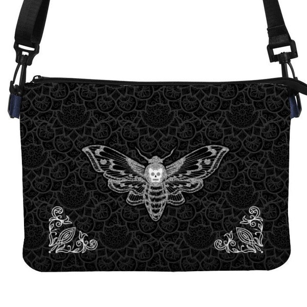 Sac bandoulière noir gothique, sac messager Moth, sac à bandoulière sorcière, sac Skull Mandala, sac bandoulière Goth, sac Death's Head Hawk Moth