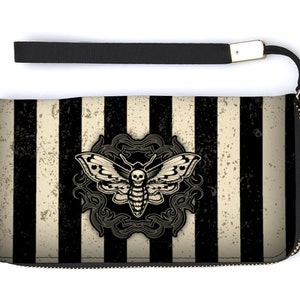 Goth Phone Wallet, Distressed Gothic Striped Death's Head Hawk Moth Zippered Wallet, Black and White Striped Wallet, Dark Academia Wallet