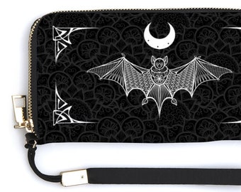 Gothic Phone Wallet, Bat Wallet, Halloween Wallet, Zippered Goth Wristlet, Victorian Bat Wallet, Gothic Bat Purse, Mandala Wallet, 7.9"x4.1"