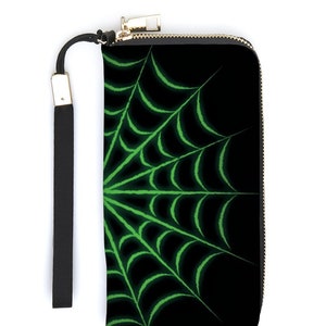Spider Web Wallet - Vegan Leather Wallet - Punk Wallet - Spider Web Purse - Gothic Wallet - Zippered Wallet for Women - Goth Wallet - Green