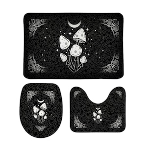 Mushroom Decor - Magic Mushroom Bath Mat - Gothic Bathroom Decor - Crescent Moon Decor - Black Math Mat - Toilet Seat Cover and Bath Mat Set