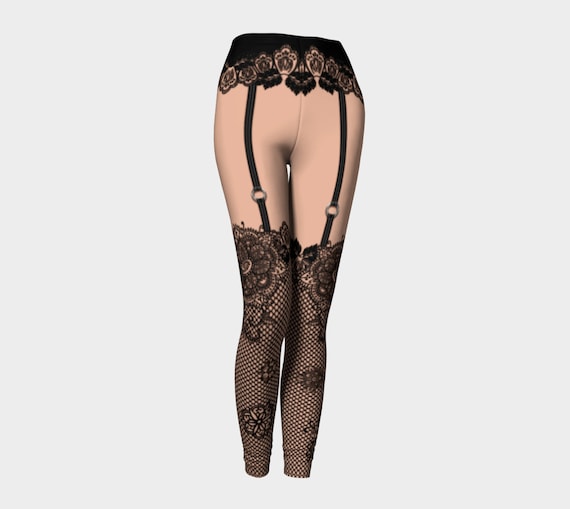 Sexy Leggings Temptress Lace Fishnet Leggings Garter Strap Printed Leggings  Lingerie Burlesque Designer Yoga Pants 