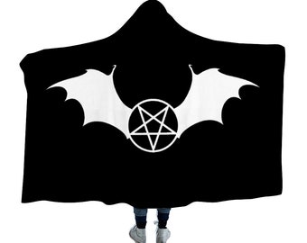 Pentagram Blanket - Gothic Hooded Blanket - Satanic Hooded Blanket - Inverted Pentagram Blanket - Satanic Decor - Bat Wings Hooded Blanket