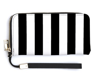Goth Phone Wallet, Black and White Striped Wallet, Striped Zippered Wallet, Gothic Wristlet, Dark Academia Wallet, Vegan Leather Purse