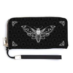 Goth Wallet - Death's Head Hawk Moth Wallet - Gothic Phone Wallet - Skull Moth Wristlet - Vegan Leather Wallet - Women's Zippered Wallet