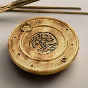 Tree of Life Incense Holder | Wood & Brass Incense Burner for Sticks and Cones | Lotus Flower Decor | Wood Incense Holder