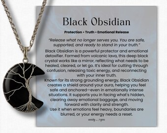 Collar de media luna de obsidiana negra: amuleto del árbol de la vida, alivio de la ansiedad