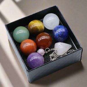 Chakra Sphere Crystal Box Set | 7 Healing Stones + Rose Quartz Pendulum for Energy Alignment | Crystals Set for Anxiety |