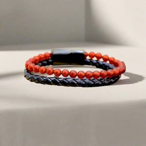 Red Agate Leather Beaded Bracelet: Unisex Gemstone Jewelry