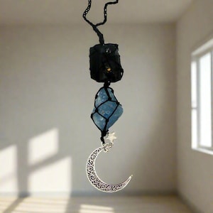 Crescent Moon Gemstone Car Charm | Black Tourmaline & Celestite for Protection and Inner Peace | Stones for Anxiety