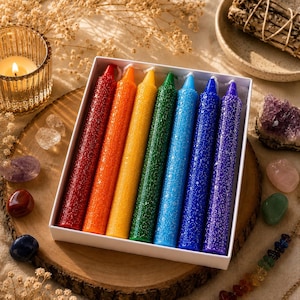 ANXIETYGONE Crystal Chakra Pillar Candles | Gemstone Infused Ritual Set
