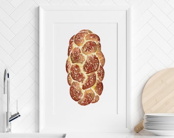 May include: A framed watercolour painting of a braided challah bread, a traditional Jewish bread often served on Shabbat and holidays.