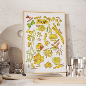 Soorten pasta keuken decor schilderij muur poster aquarel kunst restaurant decor spaghetti kok print hamburger eten afdrukbare groenten tekening