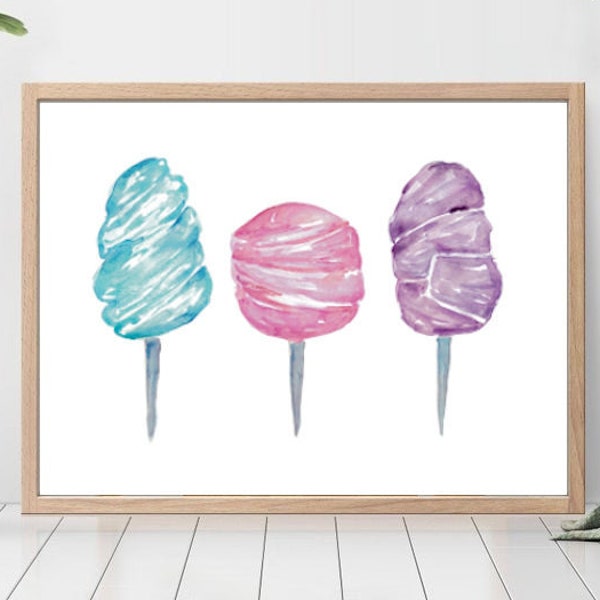 Cotton Candy kitchen Decor Painting Wall Poster Pink Candy cane lollypop Watercolor Art Restaurant Decor Cook Print Food Drawing Sweet