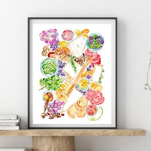 Charcuterie Board ingredients kitchen Decor, Painting Wall Art, Watercolor Restaurant Decor Cook Print, Food salami cheese Veggies Drawing