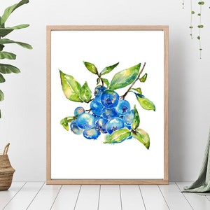 Blueberry kitchen Decor, Painting Kitchen Wall Art Watercolor Art Poster blue berry Decor, Cook Print, Vegetables Printable, Fruit Drawing