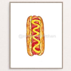 Wystrój kuchni Hot Dog, Malarstwo, Sztuka ścienna do kuchni, Sztuka akwarelowa, Wystrój restauracji Wydruk kucharza Hotdoga Burger Jedzenie Wydrukowalne Warzywa Rysunek