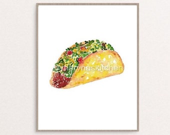 Taco Watercolor Painting, Mexican Food Kitchen Print