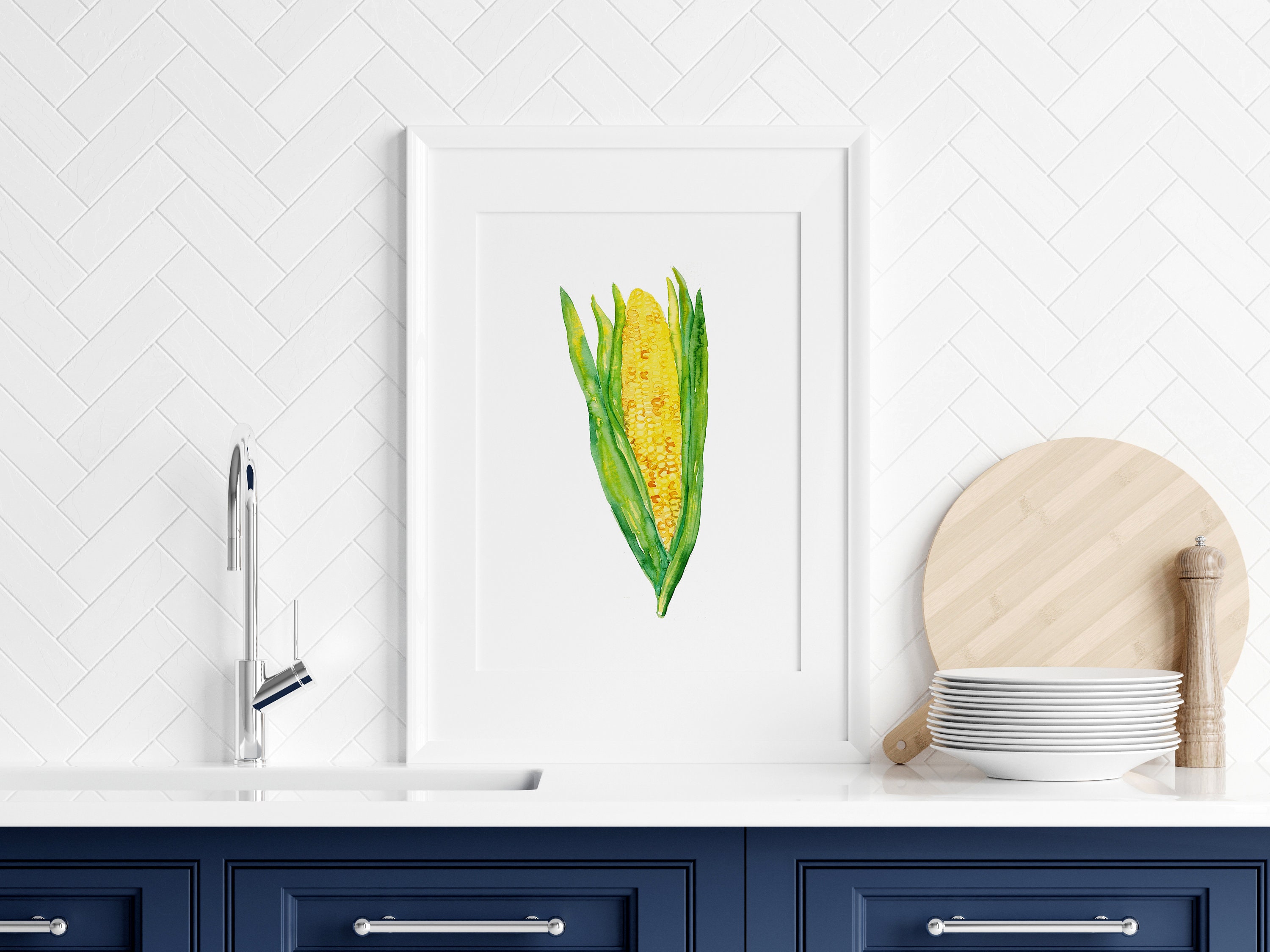 Corn Wall Poster, Corn on the Cob Watercolor Vegetable Kitchen Decor ...