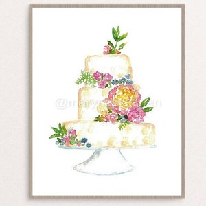 May include: A watercolor painting of a white wedding cake decorated with pink, yellow, and blue flowers. The cake is on a white pedestal.