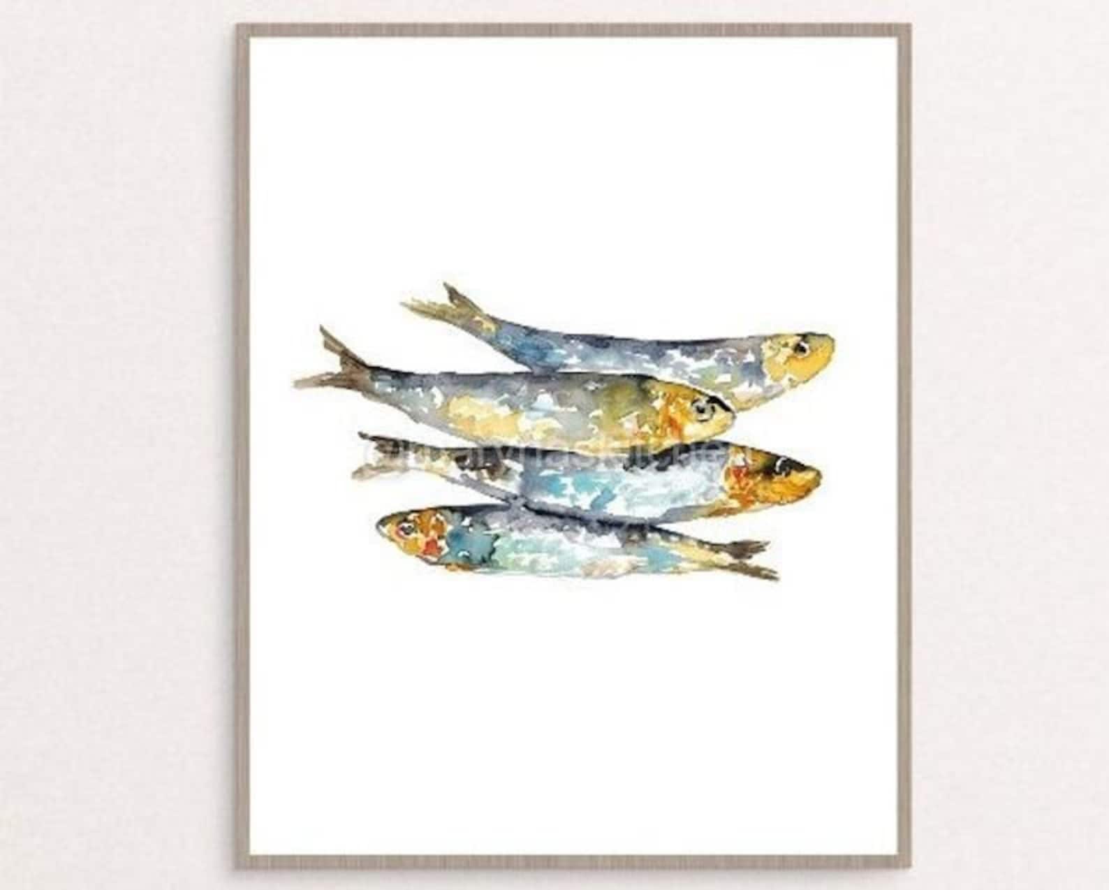 Sardines Fish Kitchen Decor Painting Wall Poster Watercolor Art