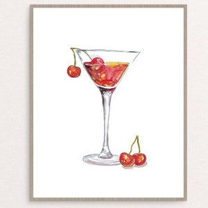 Martini Cocktail print Watercolor Print Drink Bar Wall Art Print Kitchen decor Bar Decor Cocktail poster Summer Cherry Fruit Print Alcohol