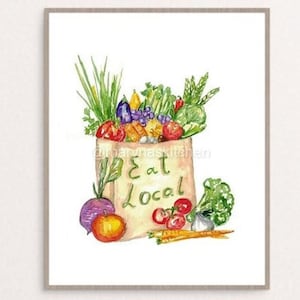 Puede incluir: Una pintura de acuarela de una bolsa de papel marrón llena de productos frescos, incluyendo zanahorias, tomates, cebollas, ajos y verduras de hoja verde. La bolsa tiene el texto "Eat Local" escrito en ella.